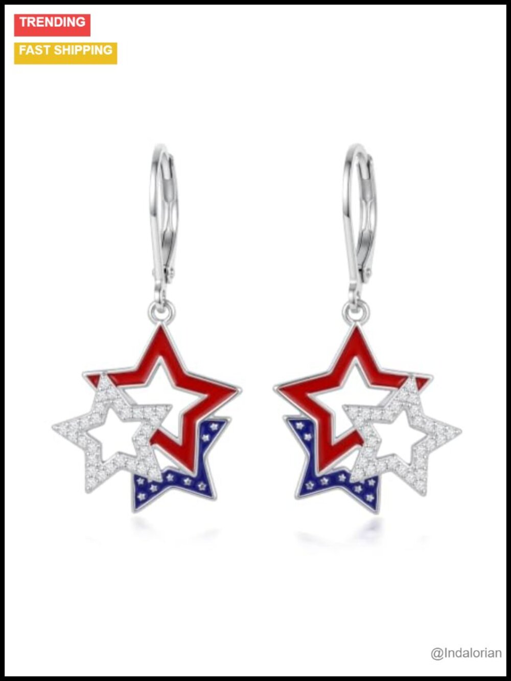 American Flag Earrings 14K White Gold Plated Zircon Patriotic Dangle Earrings